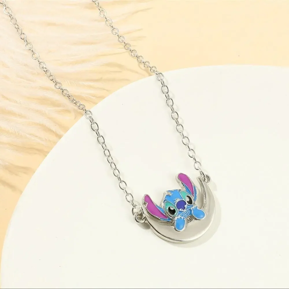 Disney Stitch Silver Multicolored Moon Necklace
